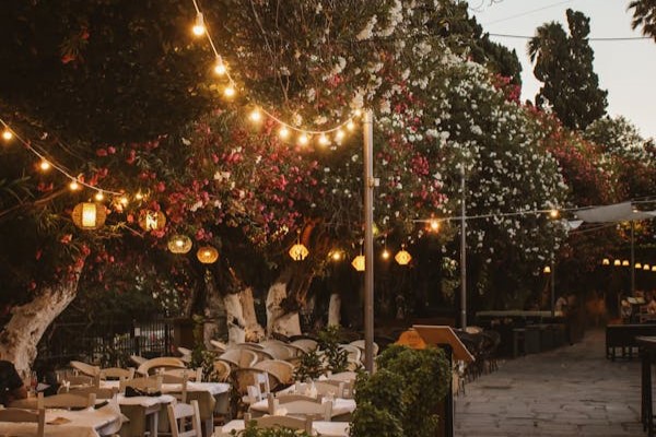 String lights hung over a patio setting