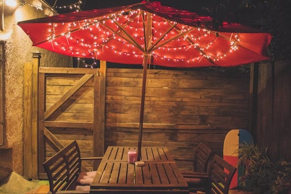 string lights wrapped around the inside of an umbrella