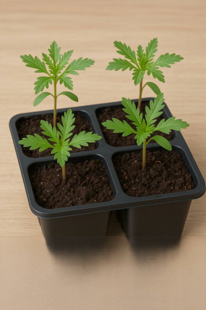 marigold seedlings in multiple cell container